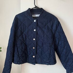 Zara Women's Denim Navy Quilted Bomber Jacket
